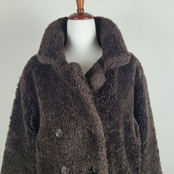 Vintage Gap Coat Women XXL Brown Faux Fur Teddy Double Breasted 90s Y2K Jacket - Picture 2 of 8